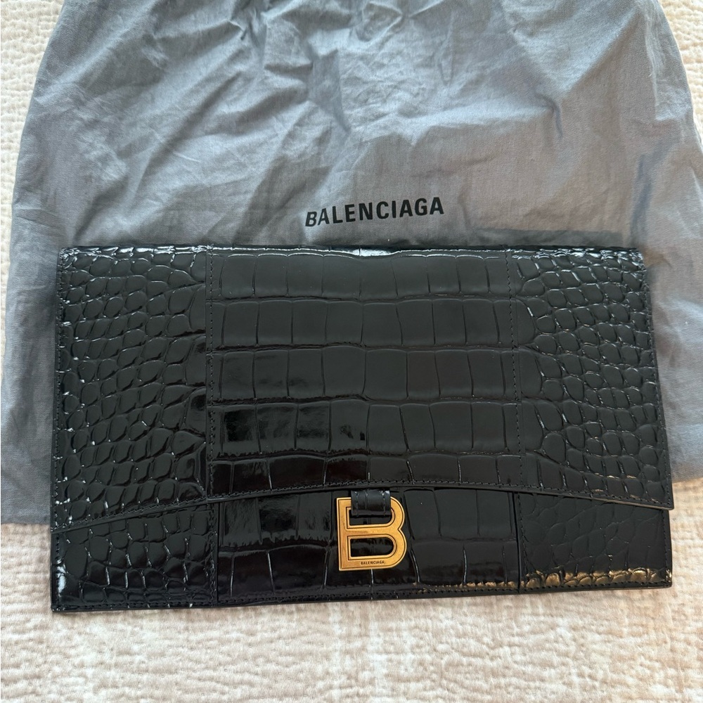 Balenciaga Glossy Black Croc-Embossed Clutch